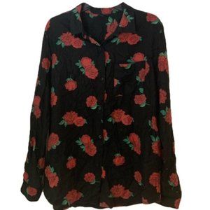 Icōne Black Button Down Shirt With Red Roses